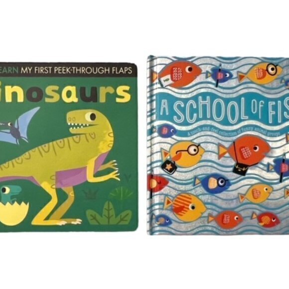 Tiger Tales Other - Bundle of 2 Baby Toddler Books‎ - A School of Fish, Dinosaurs Peek Through Flaps